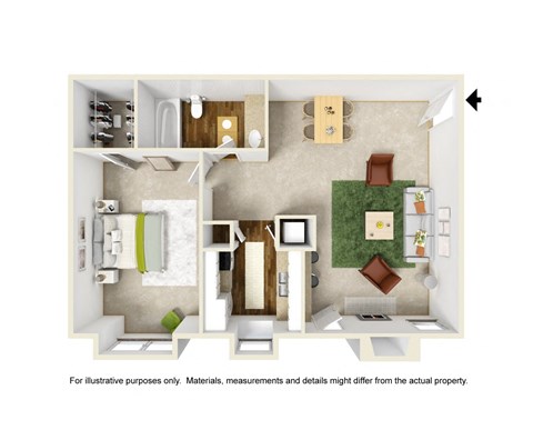 Floor plan for 1 bed, 1 bath, 630 sqft
